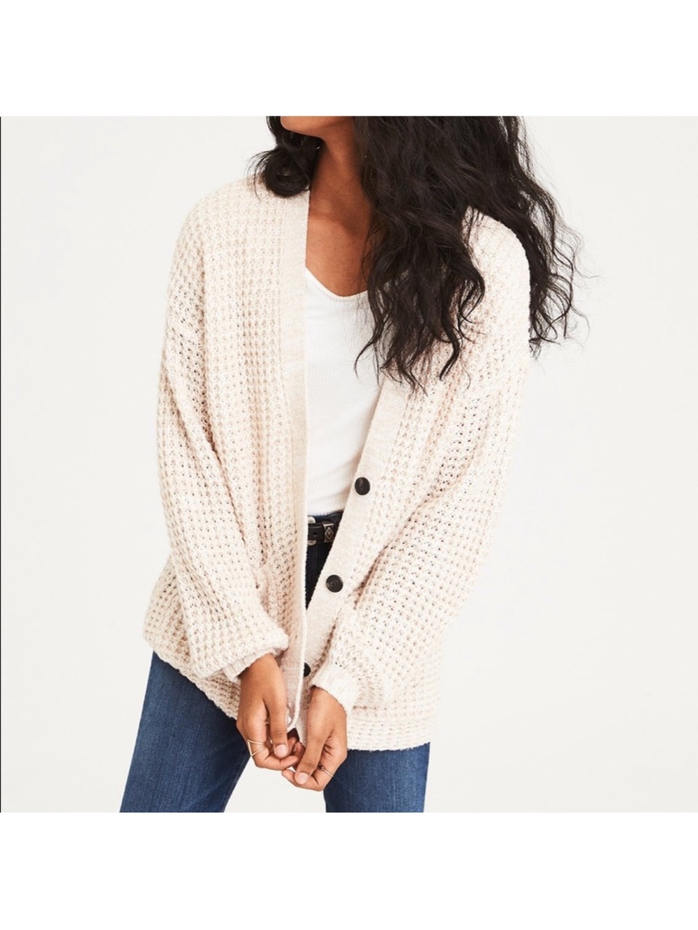 American Eagle Outfitters cream waffle-knit cardigan sweater women’s size M